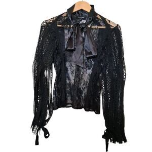 Beulah Style Black Fairy Romantic Goth Lace Blouse Mock Neck Bow Size Small